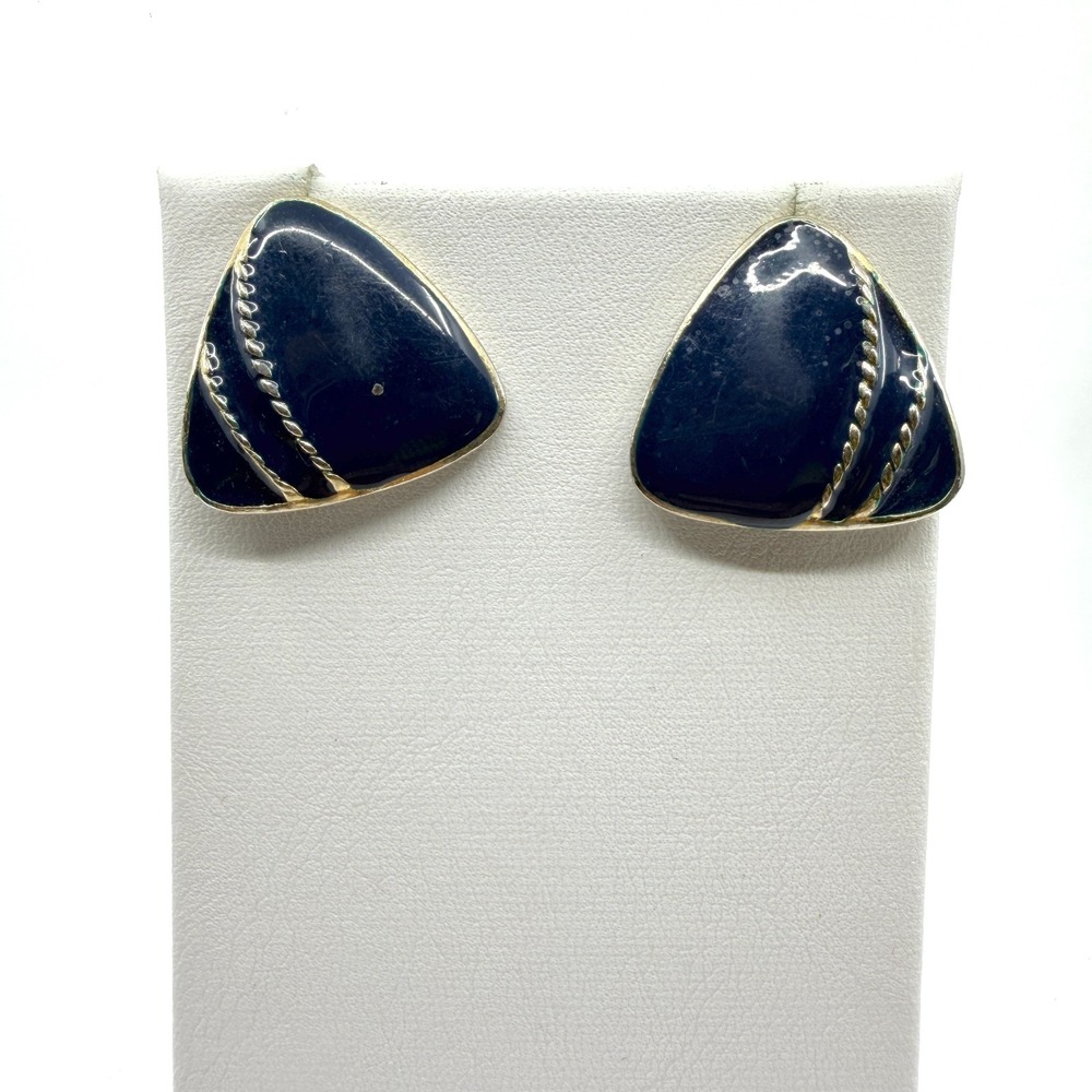 Navy Blue Enamel Triangle Stud Earrings with Gold Tone Rope Accent